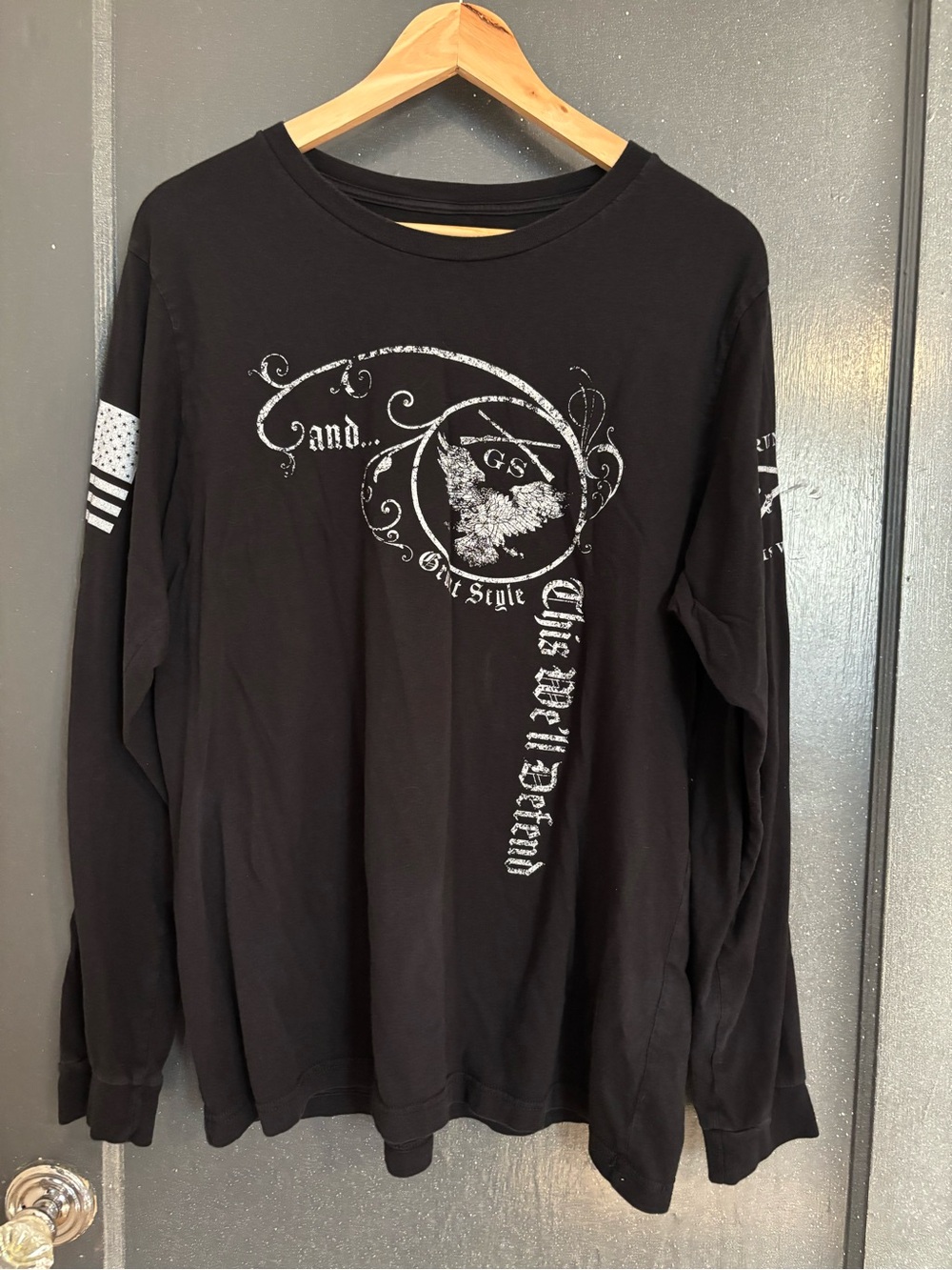 Grunt Style Black Long-Sleeve Tee with White Distressed Graphic